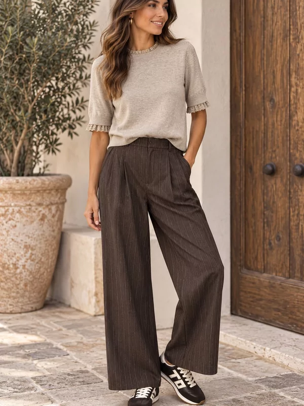 Losse broek met streepje in bruin