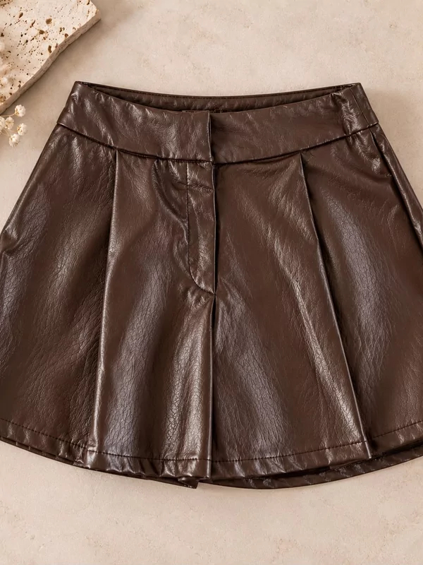 Leder look shortje in bruin