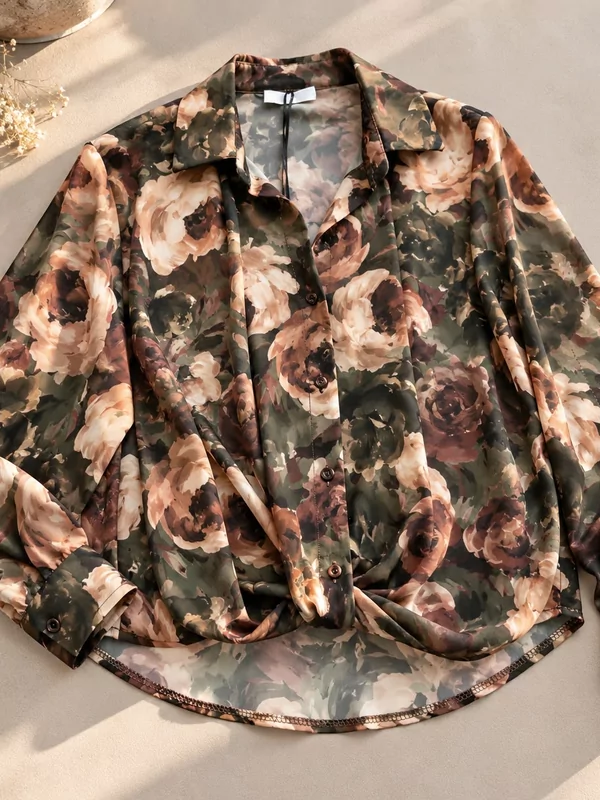 Voile hemdje in bloemen print kaki bruin