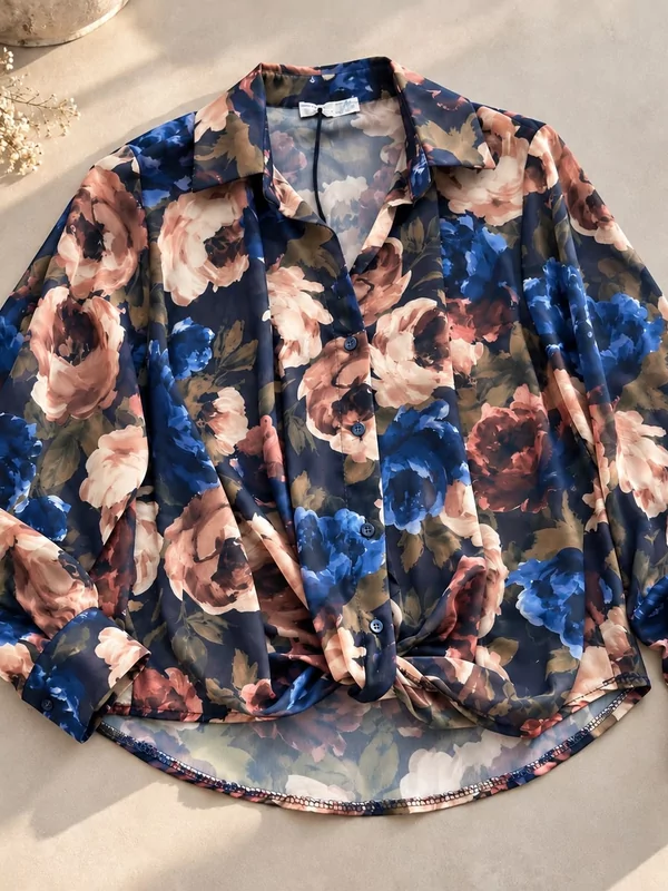 Voile hemdje in bloemen print blauw bruin