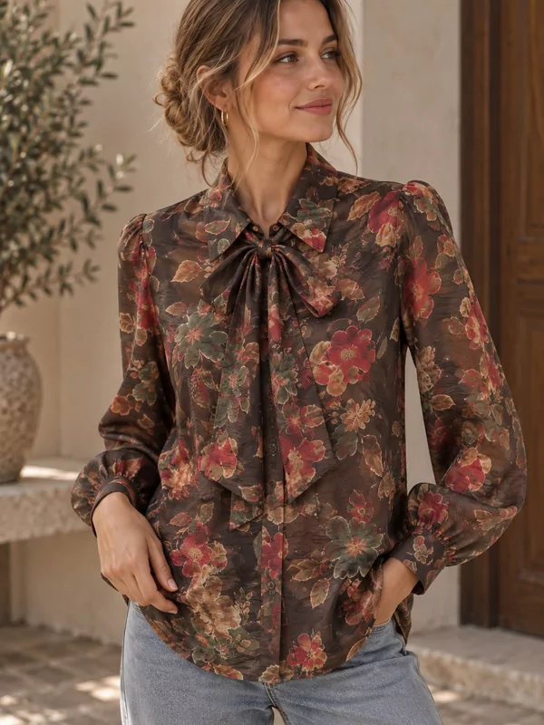 Voile hemdje bloemen print in bruin