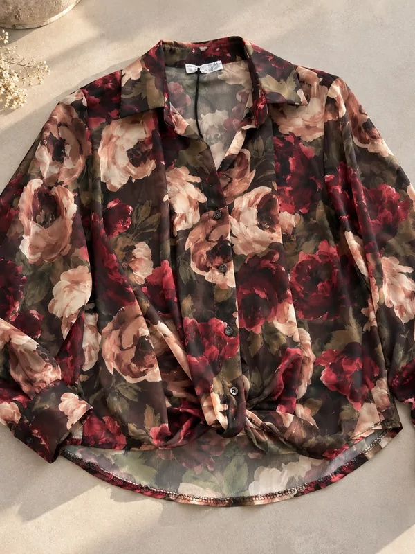 Voile hemdje in bloemen print zwart bordeaux