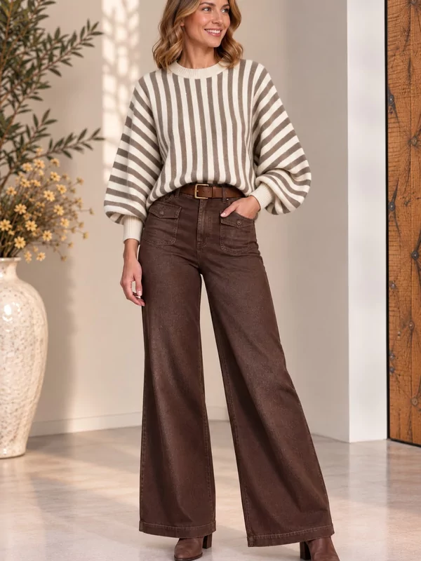 Losse pull gestreept in taupe ecru