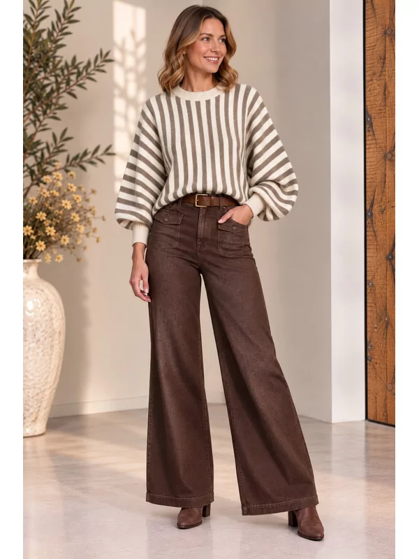 Losse pull gestreept in taupe ecru