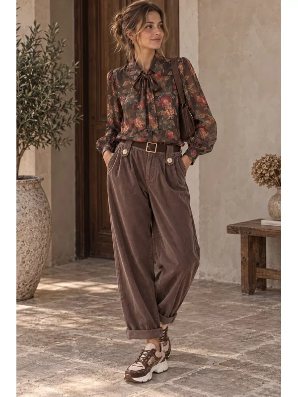 Broek in fijne velour chocolate