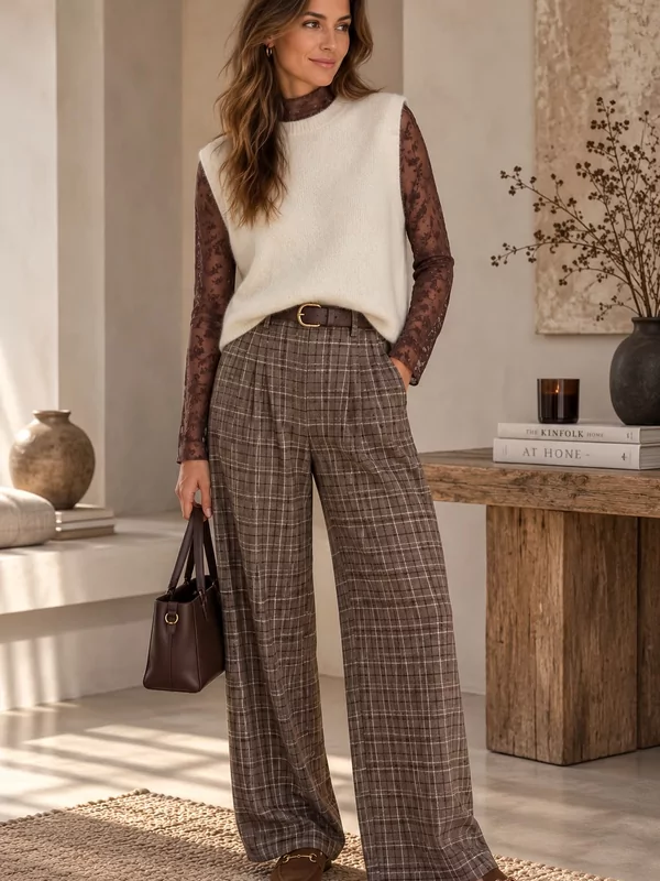 Bruine geruite broek met riem