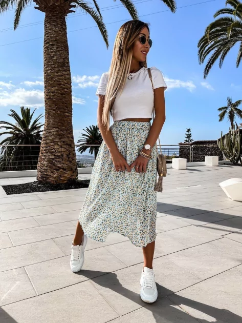 Lange rok in zacht groene gele print | Diva Fashion