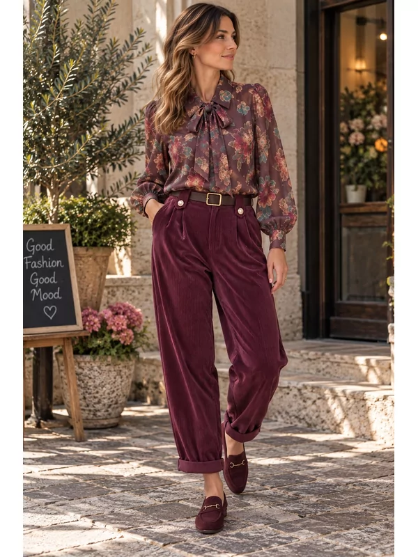 Broek in fijne velour aubergine