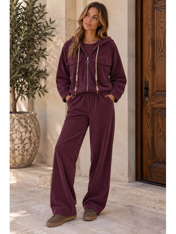 Setje ribfluweel in aubergine