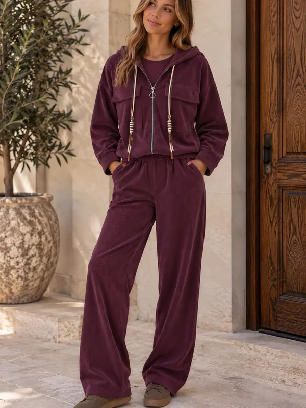 Setje ribfluweel in aubergine