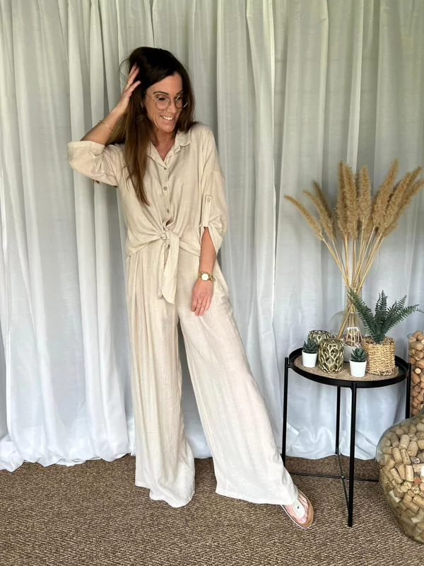 Losse broek met elastiek in beige