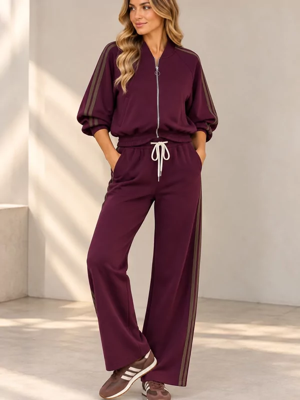 Setje broek met elastiek en vest in aubergine