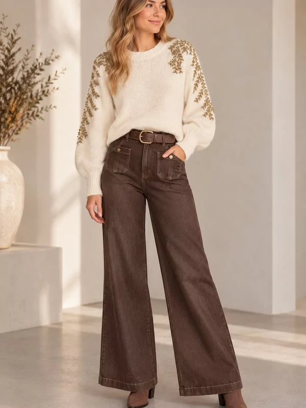 Pull met gouden fantasie in ecru