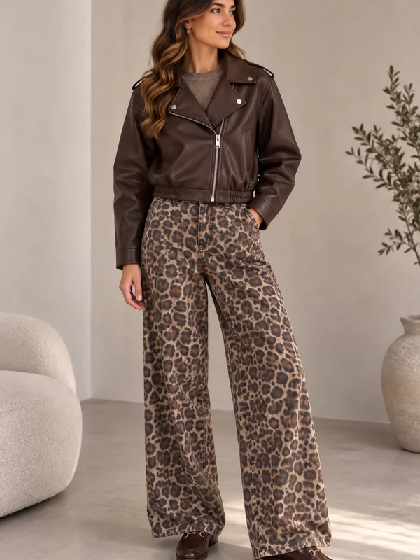 Wide leg jeans in leopard print