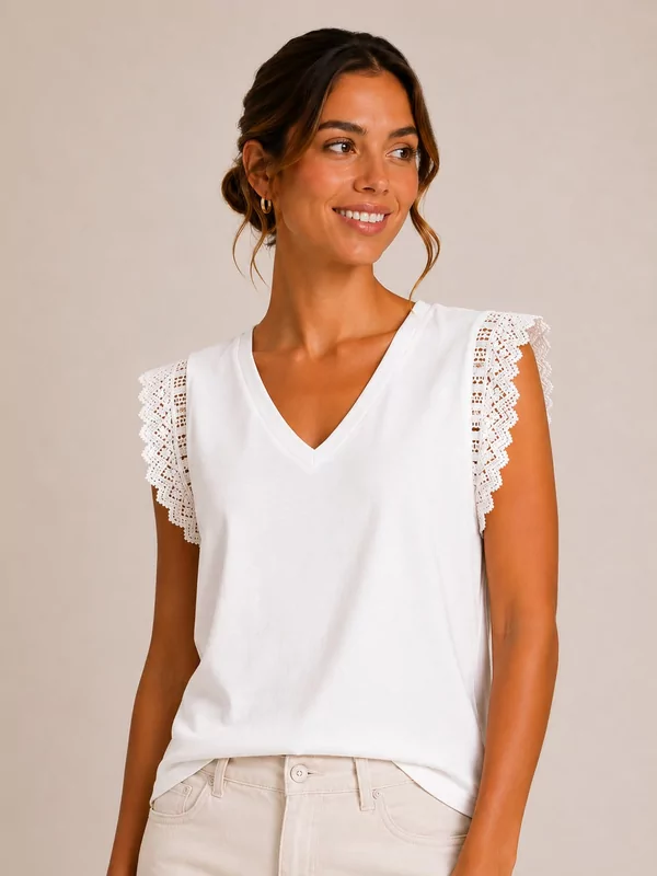 T-shirt v-hals met kant in wit