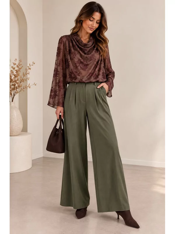 Losse broek met riem in kaki