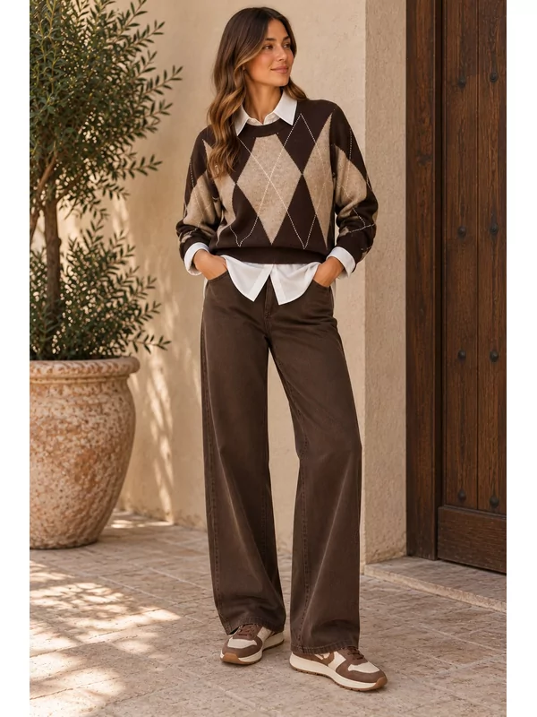 Pull hemdlook ruiten in bruin beige