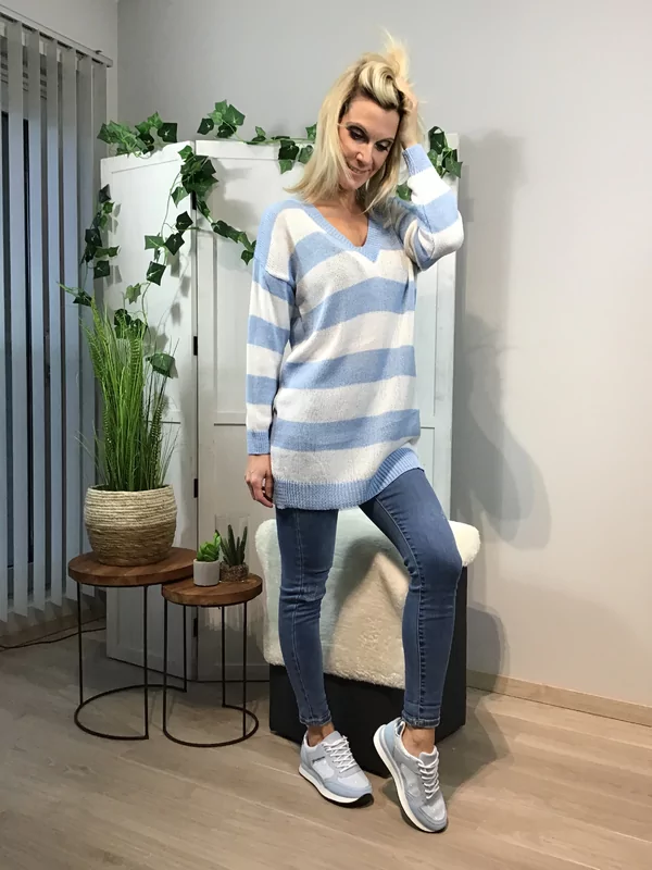 Pulletje gestreept langer model blauw