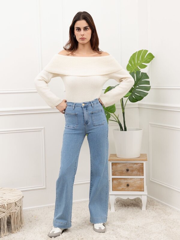 Flare jeans met zakjes aan de voorkant in mid blauw