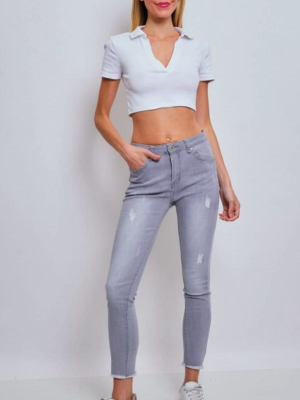 Grijze jeans met rafeltjes skinny , hoge taille
