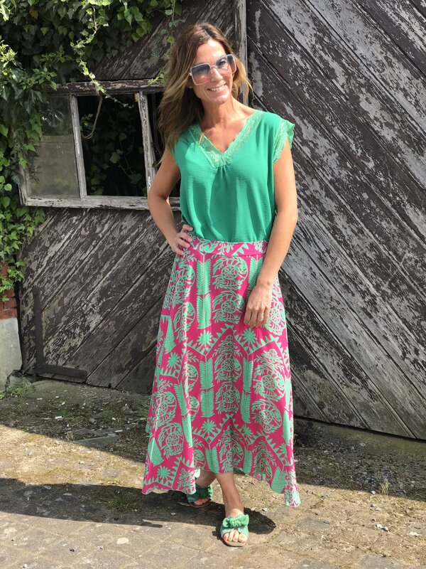 Lange rok in fuchsia met groen