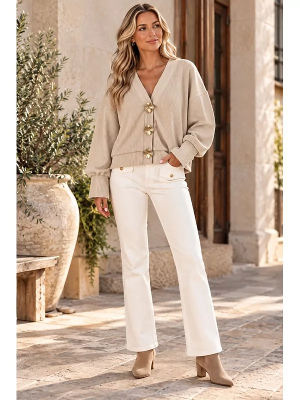 Velour vestje met bloemenknopen in beige