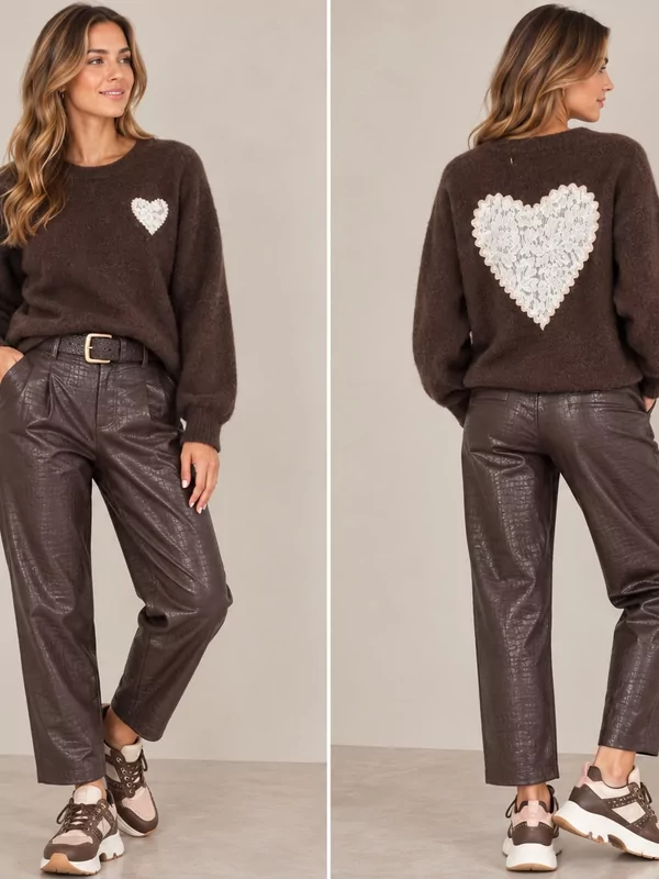 Pull met hartje in bruin