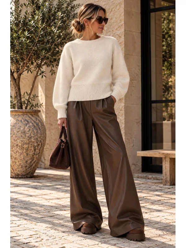 Leder look broek in bruin