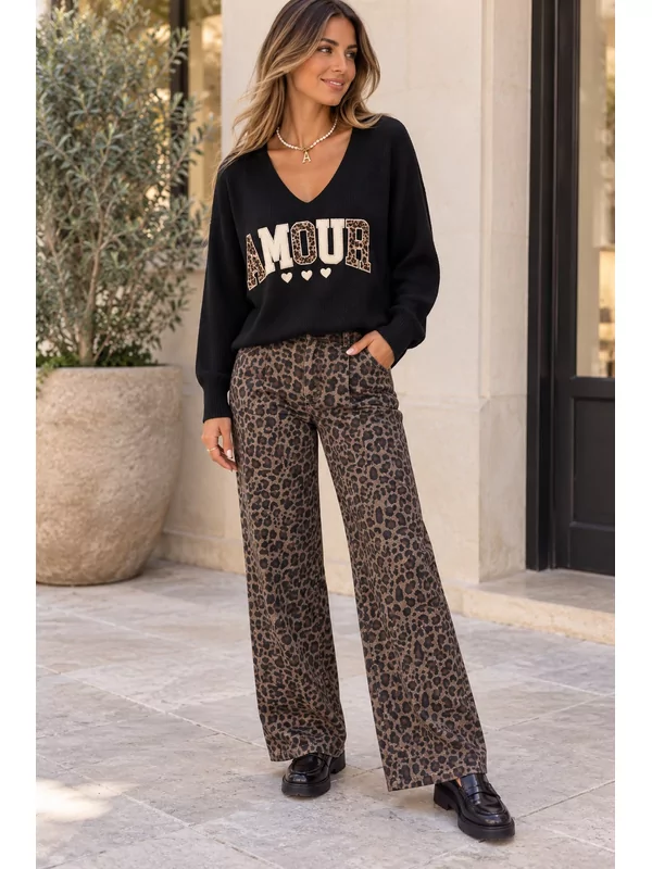 Broek leopard print met elastiek bovenkant in mid bruin