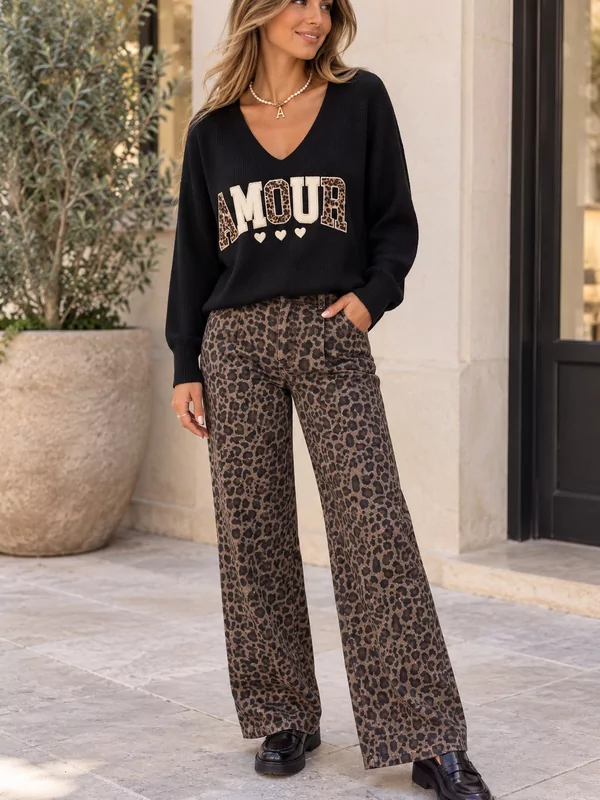 Broek leopard print met elastiek bovenkant in mid bruin