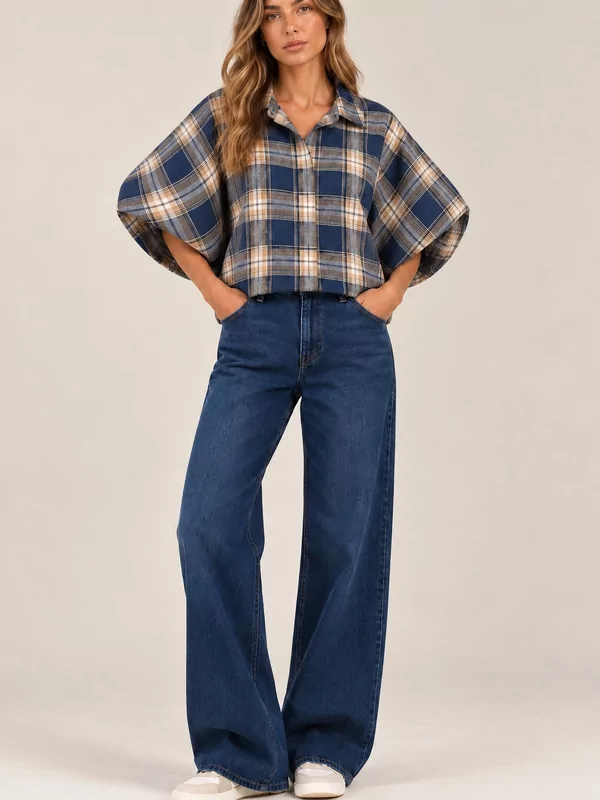 Flanellen geruit hemdje met pofmouw in blauw
