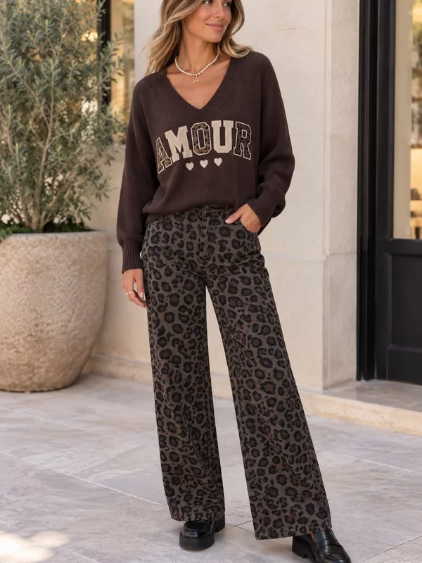 Broek leopard print met elastiek bovenkant in donker bruin