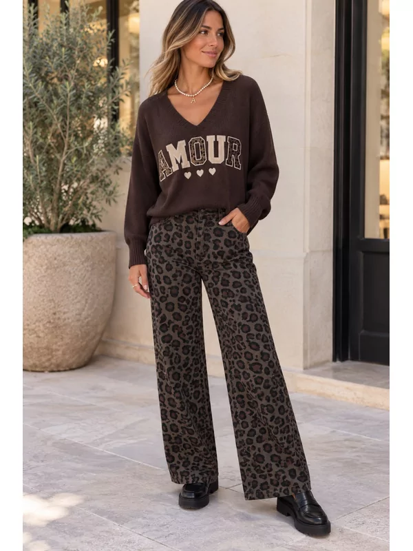 Broek leopard print met elastiek bovenkant in donker bruin
