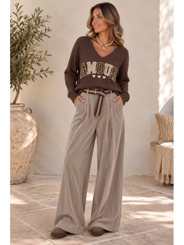 Losse velours broek met gratis riem in taupe