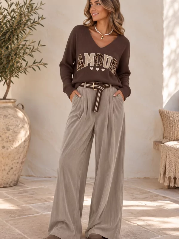 Losse velours broek met gratis riem in taupe