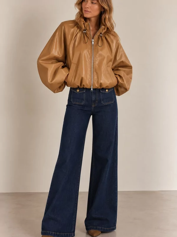 Leder look jasje in camel