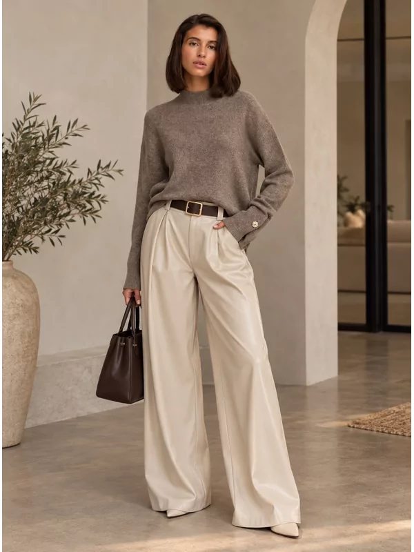 Leder look broek in ecru