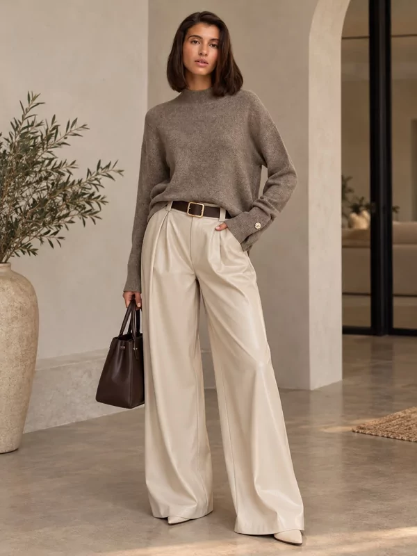Leder look broek in ecru