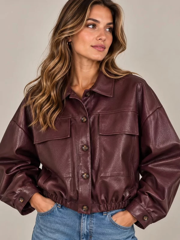 Lederlook jas in burgundy