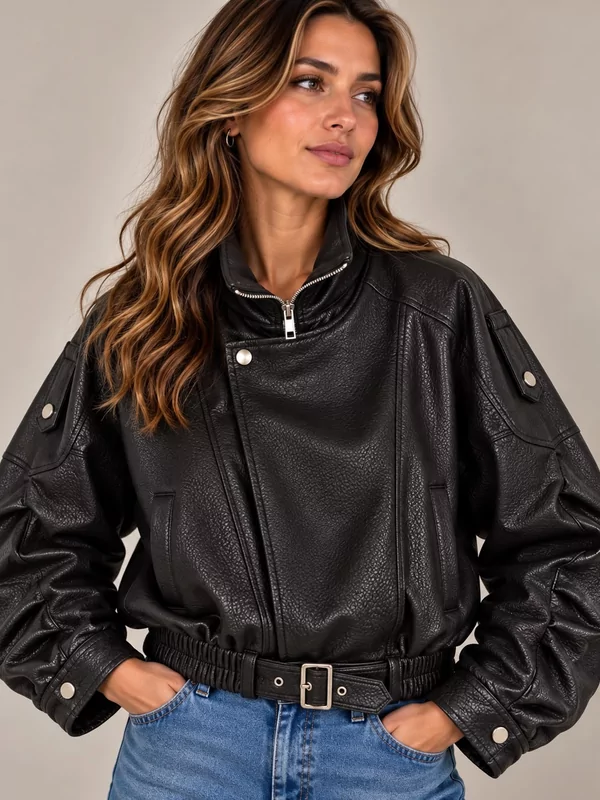 Lederlook jas in zwart