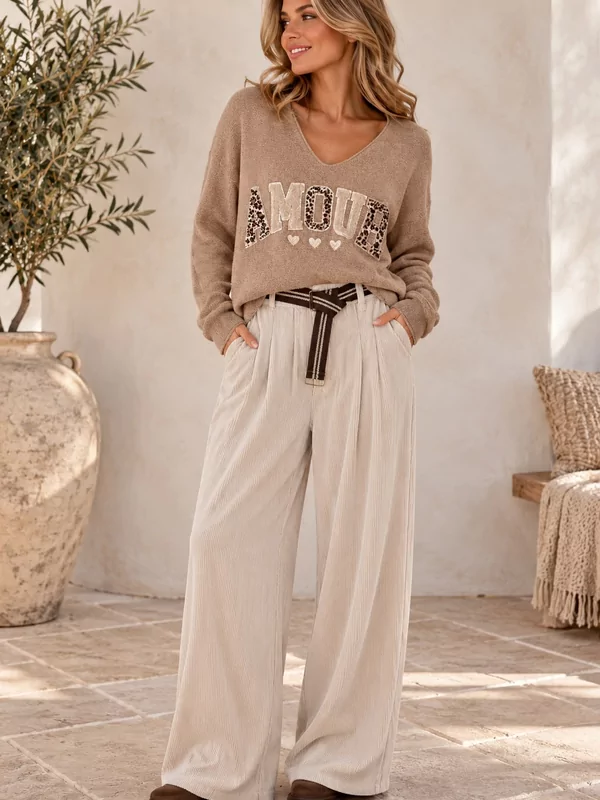 Losse velours broek met gratis riem in ecru