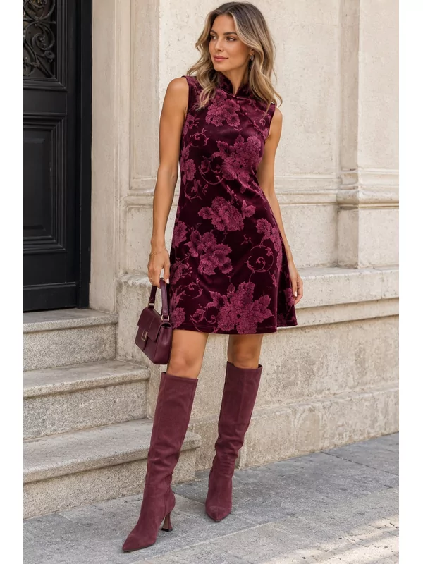Velour kleedje met print in burgundy