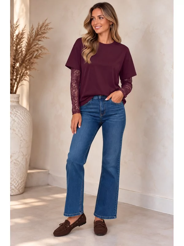 Sweater met kanten mouw in burgundy