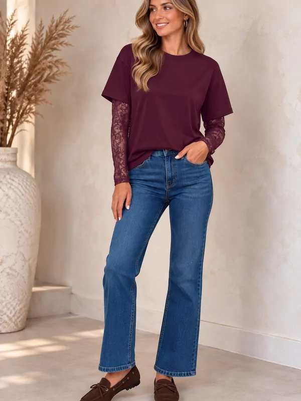 Sweater met kanten mouw in burgundy