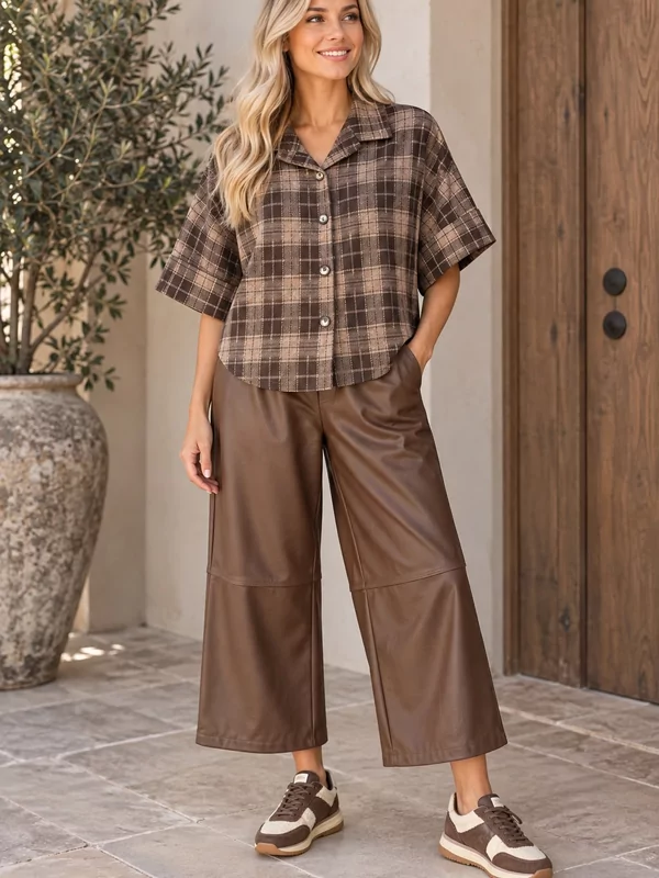 Leder look broek in bruin met gratis riem