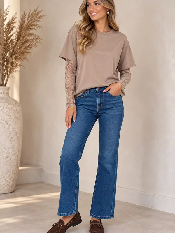 Dunne sweater met kanten mouw in taupe