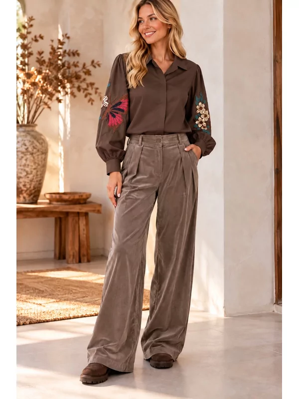 Rib fluwelen broek in taupe