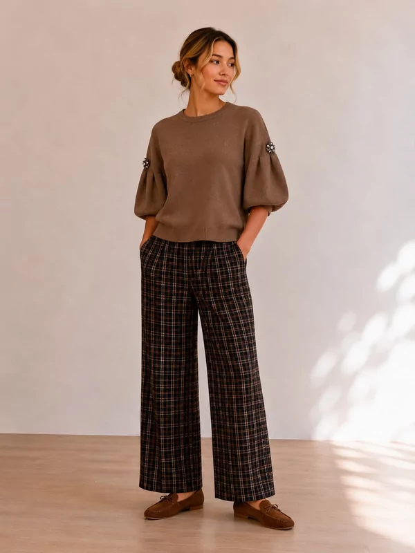 Pull met diamantjes op de mouw in bruin