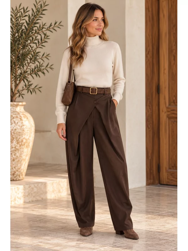 Broek met speciale sluiting in bruin met gratis riem