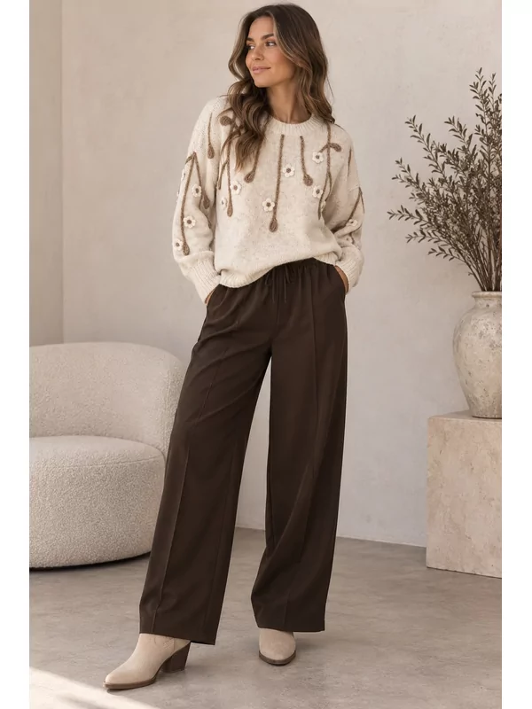 Broek in bruin met elastiek bovenkant compfy